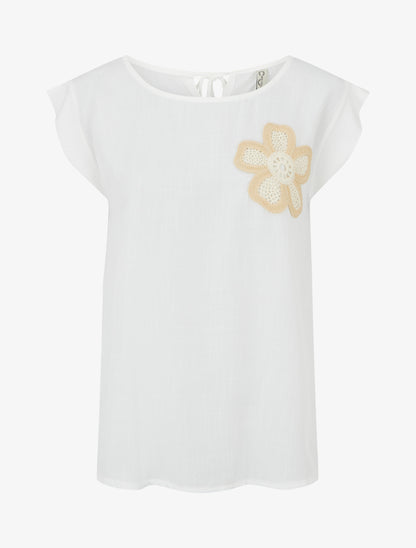 Top uni à fleur brodée - Blanc - 1