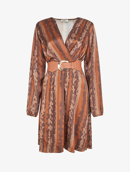 Robe évasée satinée imprimé fantaisie - Marron - 1