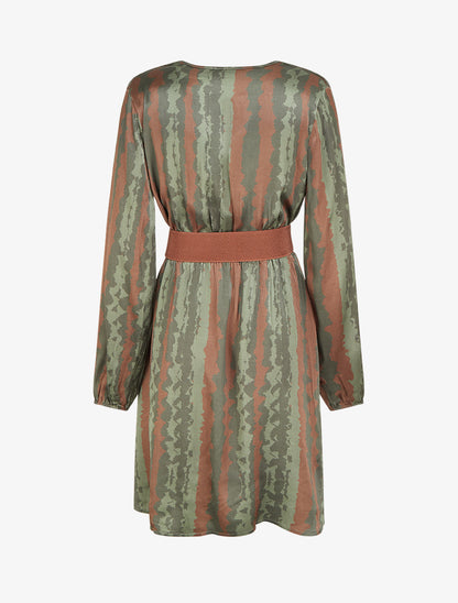 Robe évasée satinée imprimé fantaisie - Kaki - 2