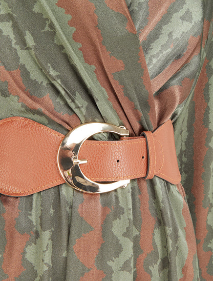 Robe évasée satinée imprimé fantaisie - Kaki - 3