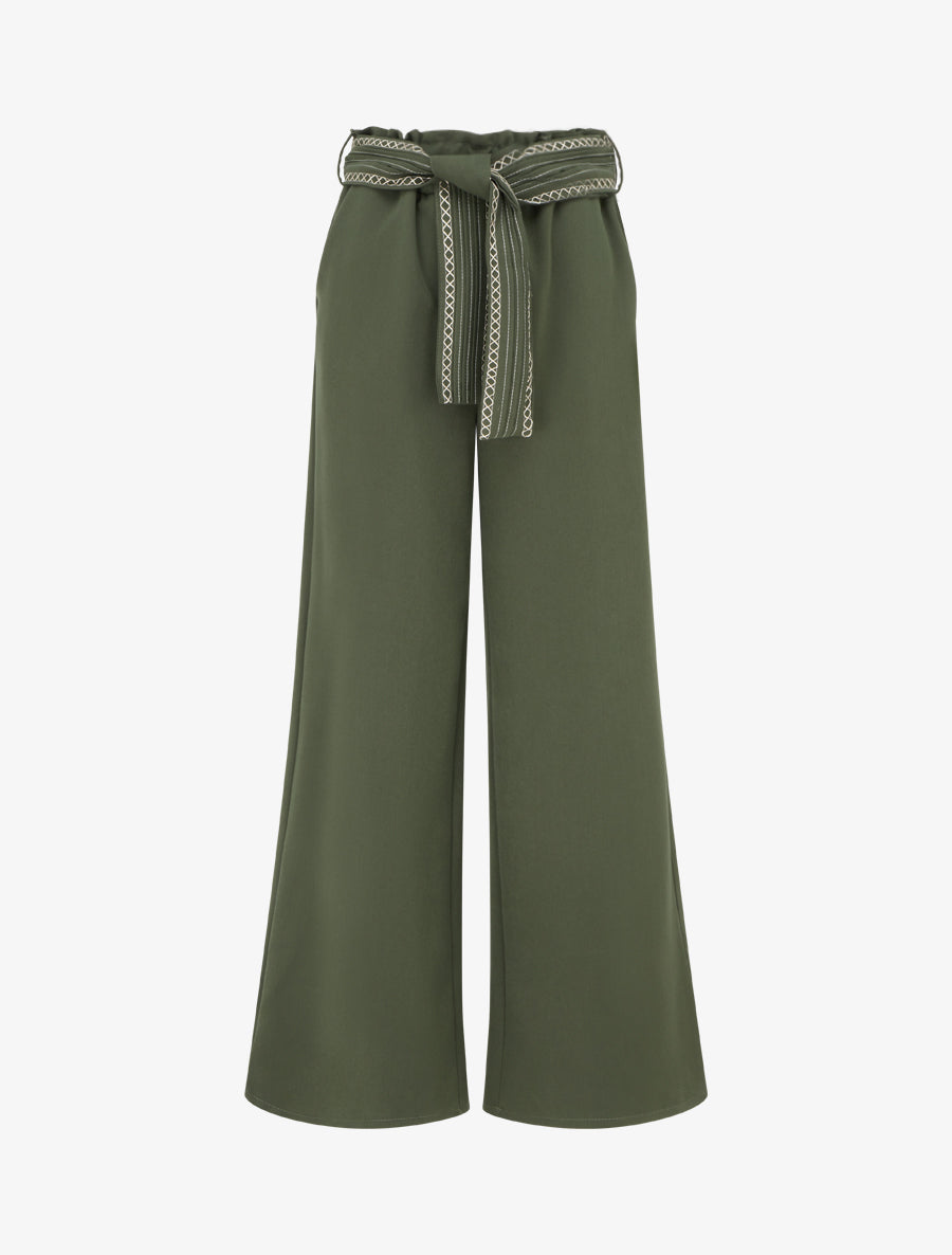 Pantalon ample uni à ceinture - Kaki - 1