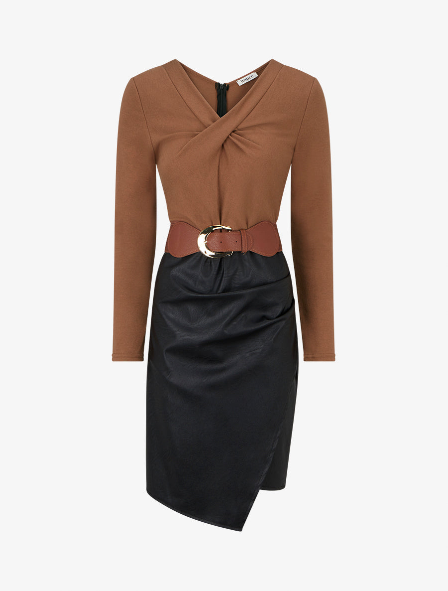 Robe bi-matière à col V froncé - Camel - 1