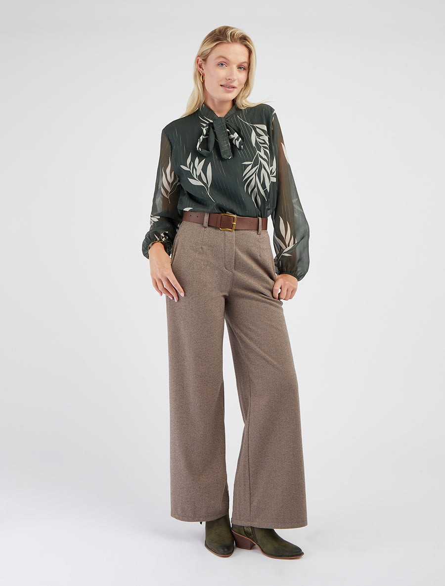 Top lavallière en voile imprimé feuilles - Kaki - 8