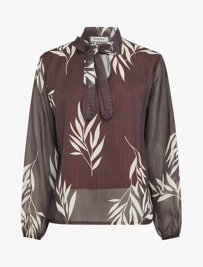 Top lavallière en voile imprimé feuilles - Marron - 1