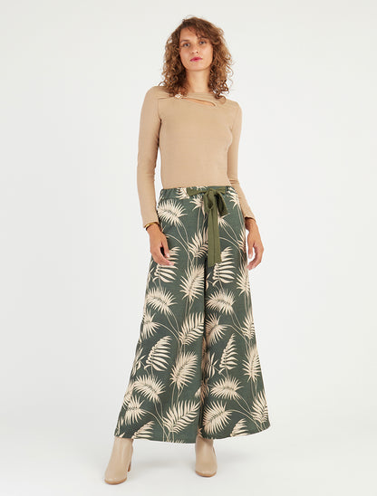 Pantalon ample et fluide imprimé feuilles - Kaki - 8