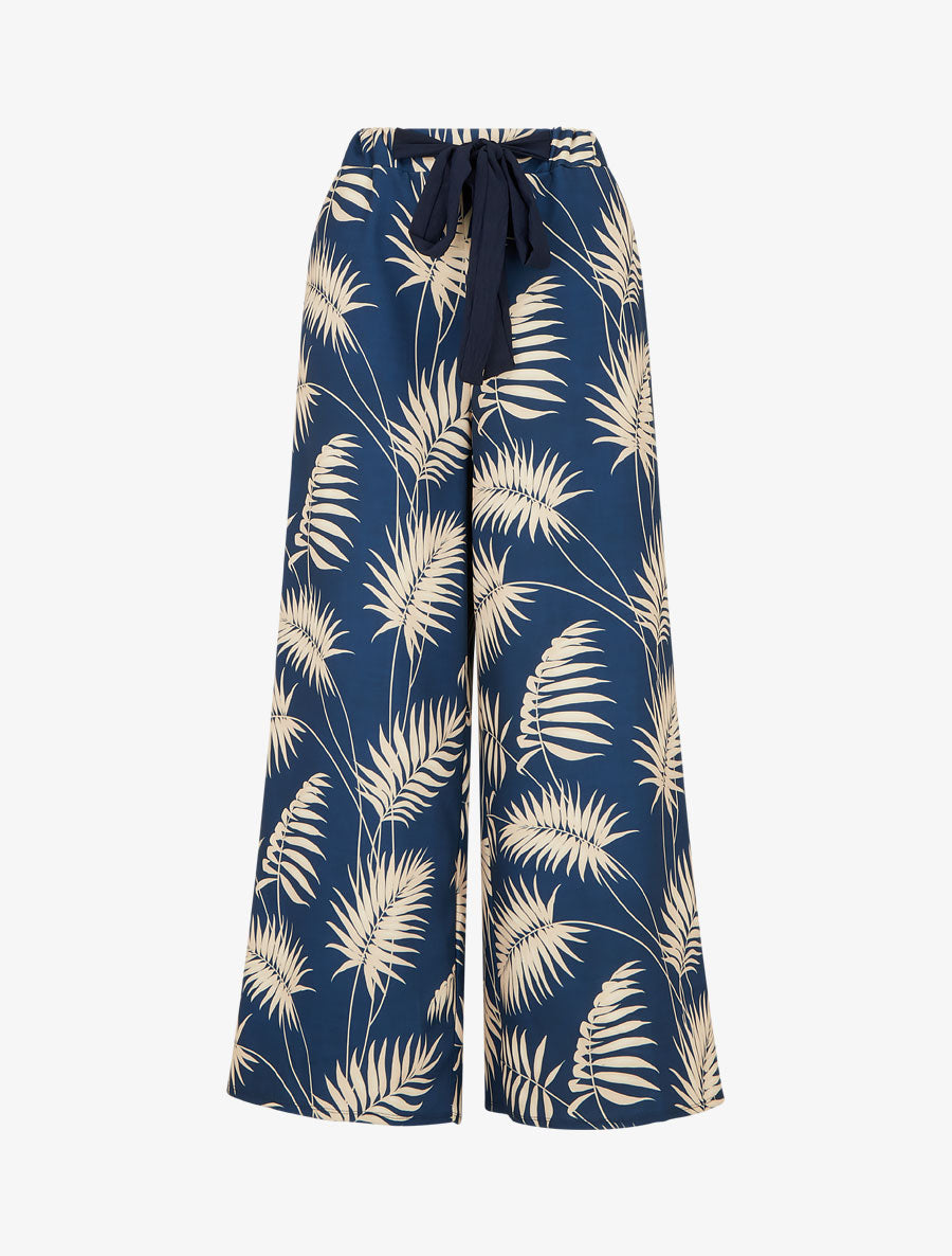 Pantalon ample et fluide imprimé feuilles - Bleu foncé - 1