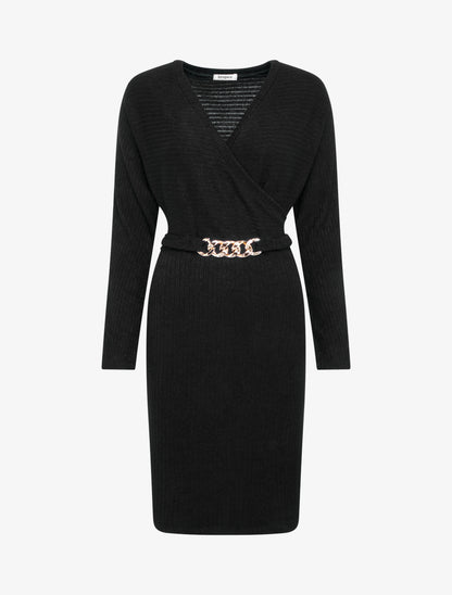 Robe pull moulante à ceinture bijou - Noir - 1