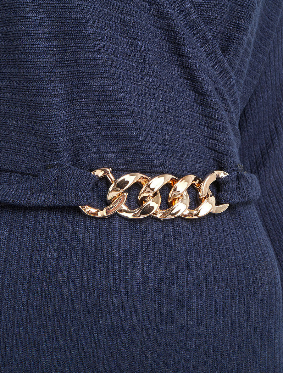Robe pull moulante à ceinture bijou - Marine - 3