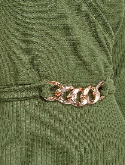 Robe pull moulante à ceinture bijou - Kaki - 3