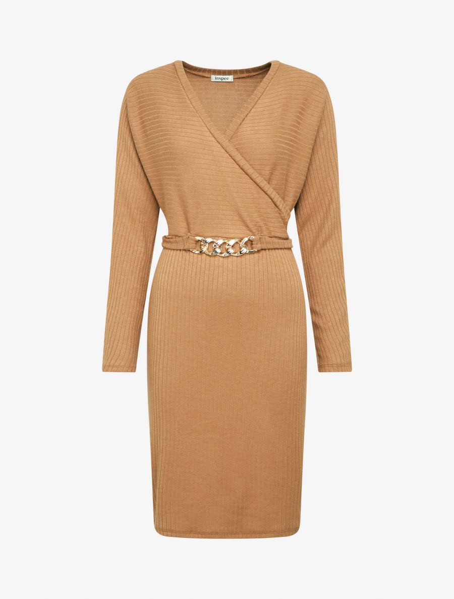 Robe pull moulante à ceinture bijou - Camel - 1