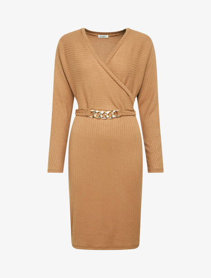 Robe pull moulante à ceinture bijou - Camel - 1