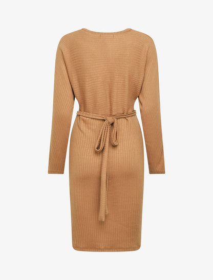 Robe pull moulante à ceinture bijou - Camel - 2
