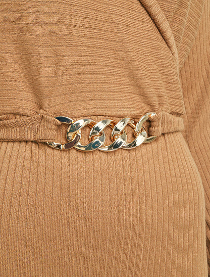 Robe pull moulante à ceinture bijou - Camel - 3