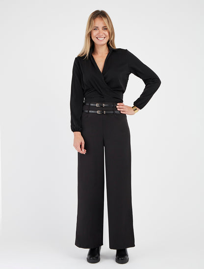 Top corto incrociato tinta unita e satinato - Nero