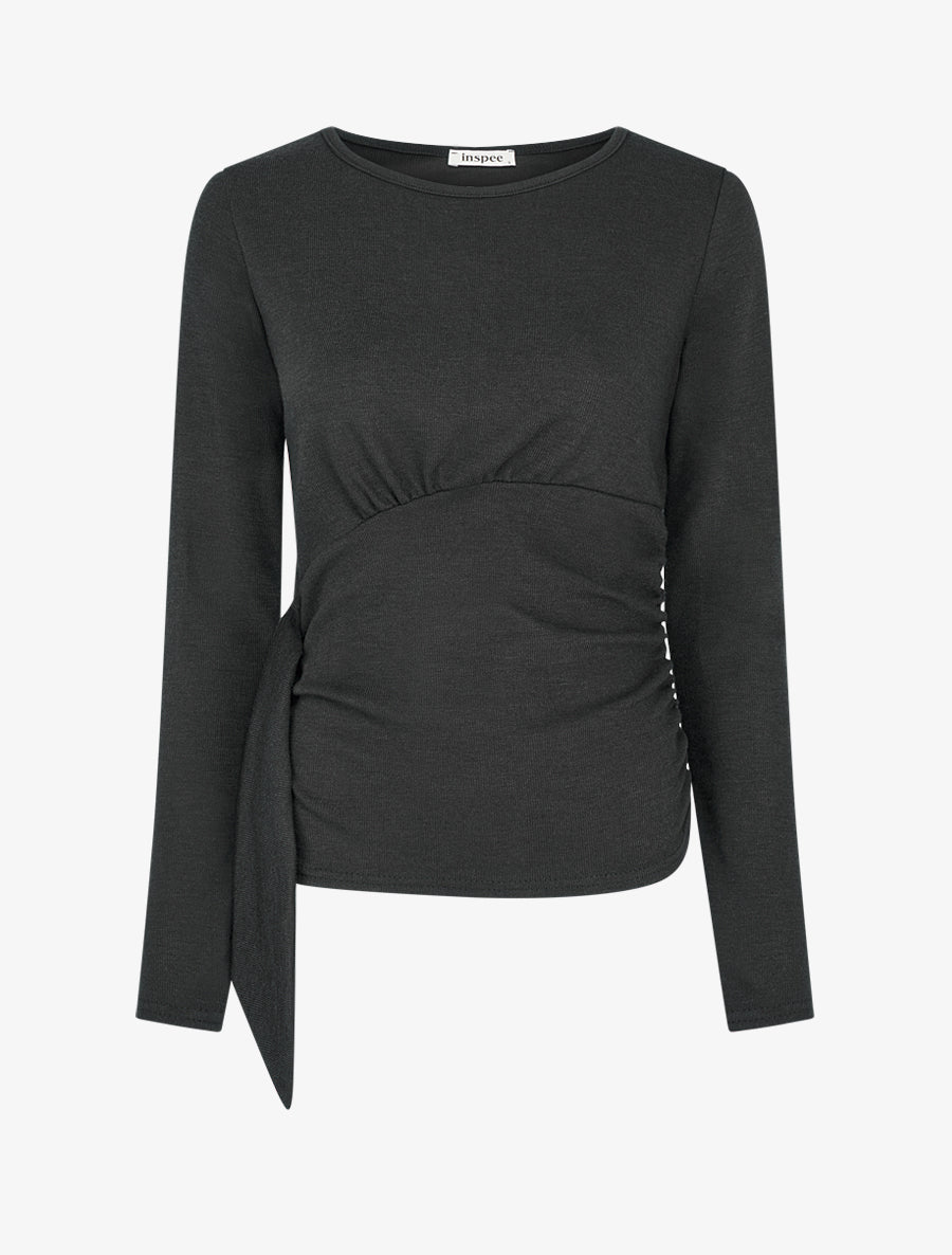 Pull fin uni à cotés froncés et pan décoratif - Noir - 1