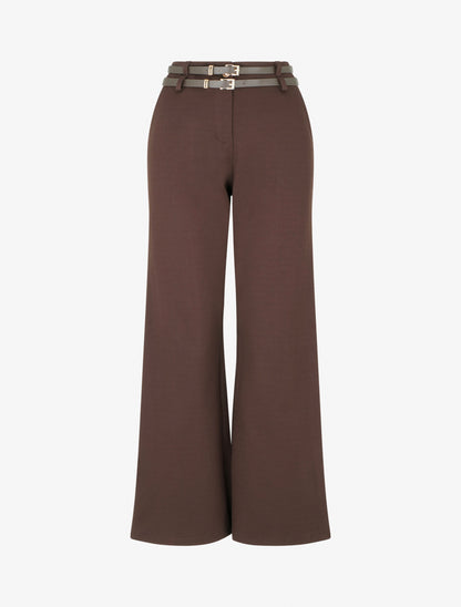 Pantalon droit taille haute à double ceinture - Marron - 1
