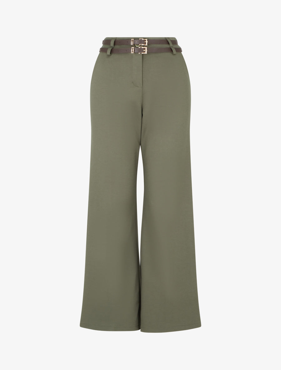 Pantalon droit taille haute à double ceinture - Kaki - 1