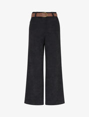 Pantalon ceinturé taille haute en velours côtelé - Noir - 1