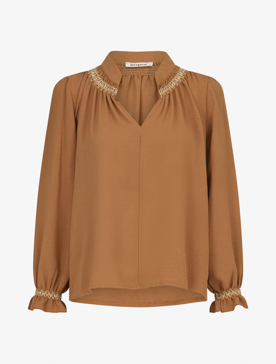 Blouse droite à détail brodé - Camel - 1