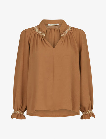 Blouse droite à détail brodé - Camel - 1