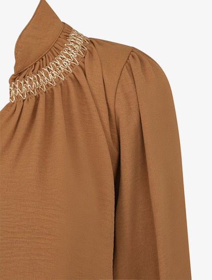 Blouse droite à détail brodé - Camel - 3