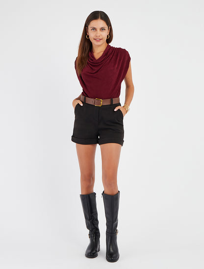 Short droit à revers et ceinture - Noir - 8