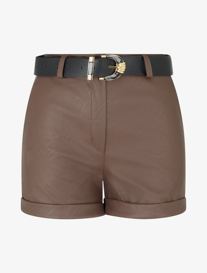 Short ceinturé à revers en simili - Marron - 1