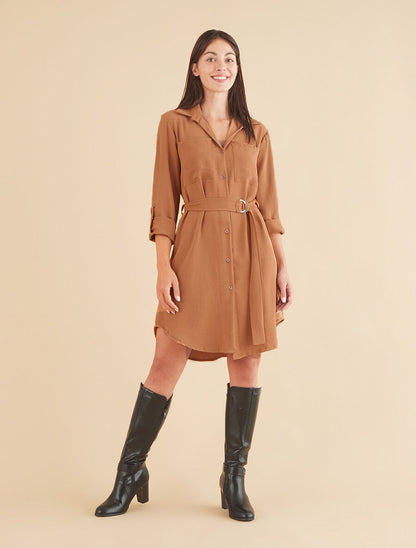 Robe chemise fluide et ceinturée - Camel - 4