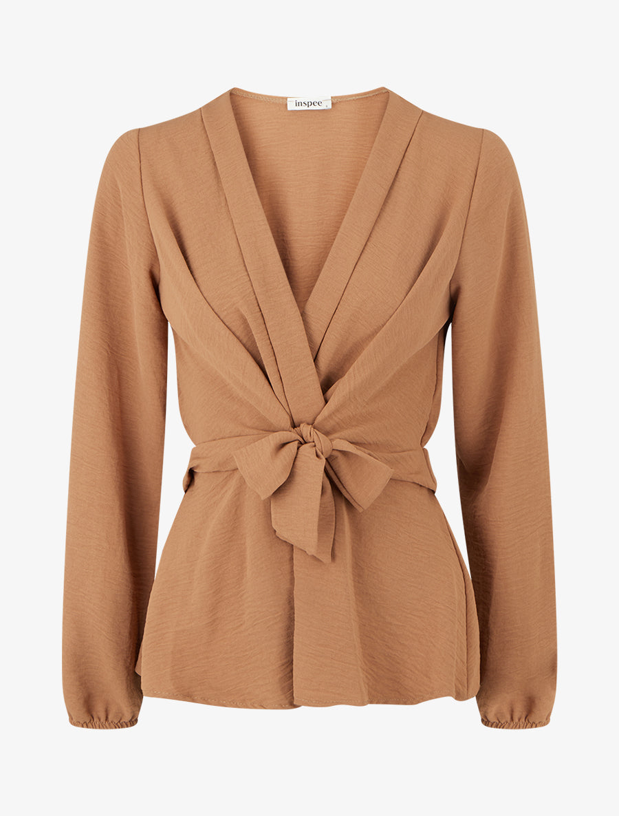 Blouse unie élastiquée à col cache coeur - Camel - 1