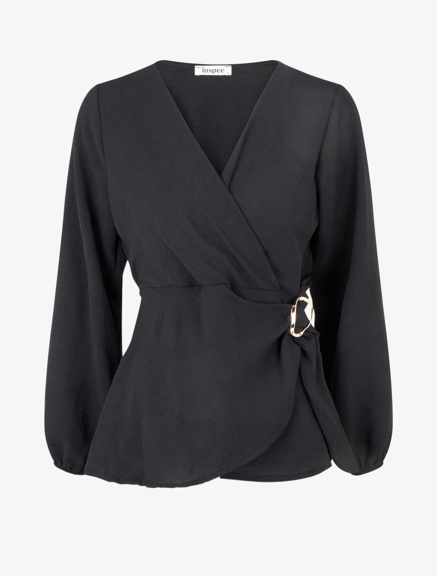 Blouse unie style portefeuille à col cache-coeur - Noir - 1