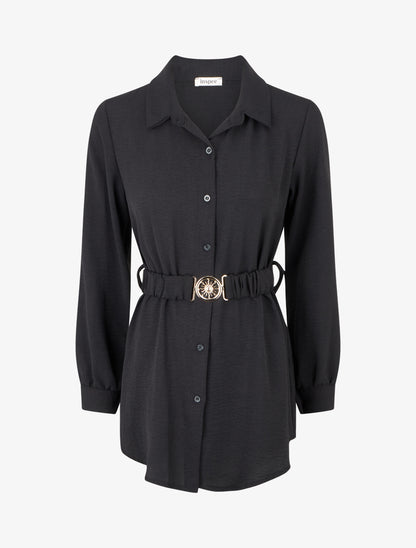 Chemise unie à ceinture élastiquée - Noir - 1