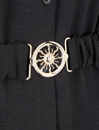 Chemise unie à ceinture élastiquée - Noir - 3