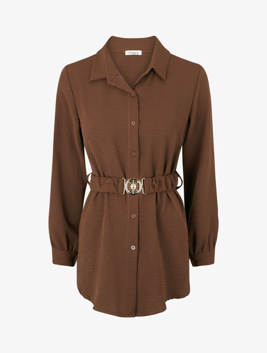 Chemise unie à ceinture élastiquée - Marron - 1