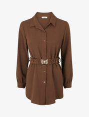 Chemise unie à ceinture élastiquée - Marron - 1