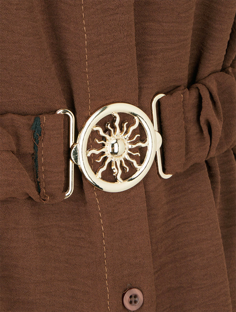 Chemise unie à ceinture élastiquée - Marron - 3