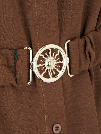 Chemise unie à ceinture élastiquée - Marron - 3