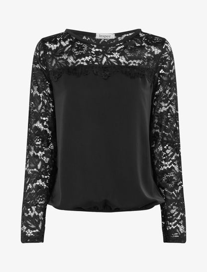 Top boule fluide satiné et dentelle - Noir - 1