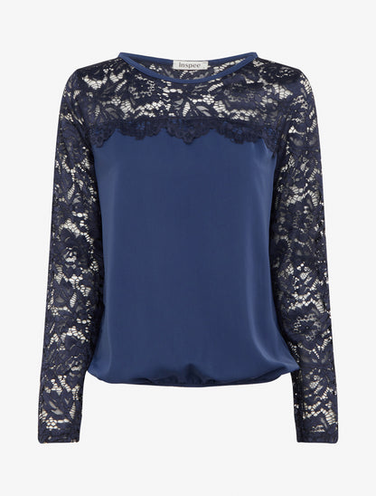 Top boule fluide satiné et dentelle - Marine - 1