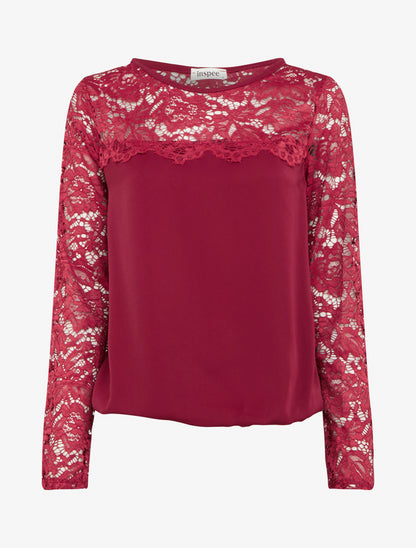 Top boule fluide satiné et dentelle - Rouge cerise - 1