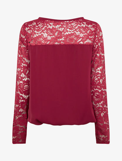 Top boule fluide satiné et dentelle - Rouge cerise - 2
