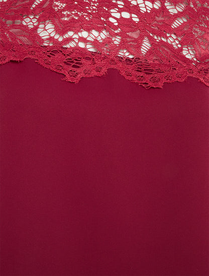 Top boule fluide satiné et dentelle - Rouge cerise - 3