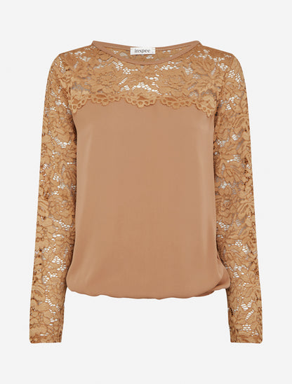 Top boule fluide satiné et dentelle - Taupe - 1