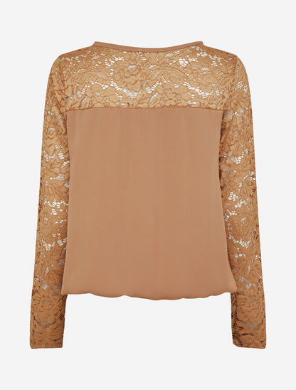 Top boule fluide satiné et dentelle - Taupe - 2