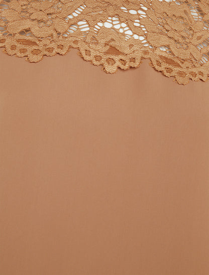 Top boule fluide satiné et dentelle - Taupe - 3