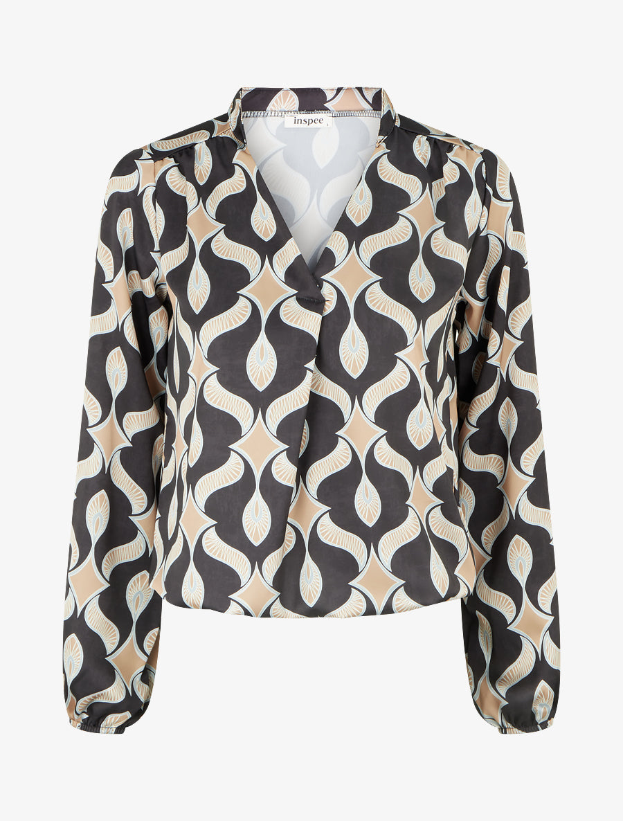 Top satiné à manches longues imprimé graphique - Noir - 1