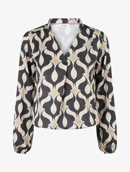 Top satiné à manches longues imprimé graphique - Noir - 1