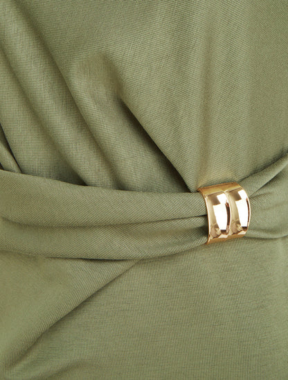 Robe droite drapée à empiècement bijou - Kaki - 3