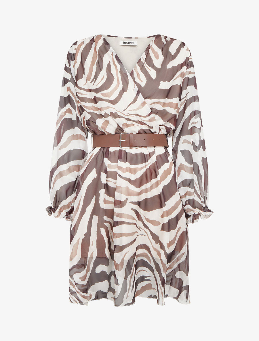Robe col cache-coeur imprimé zèbré - Marron - 1