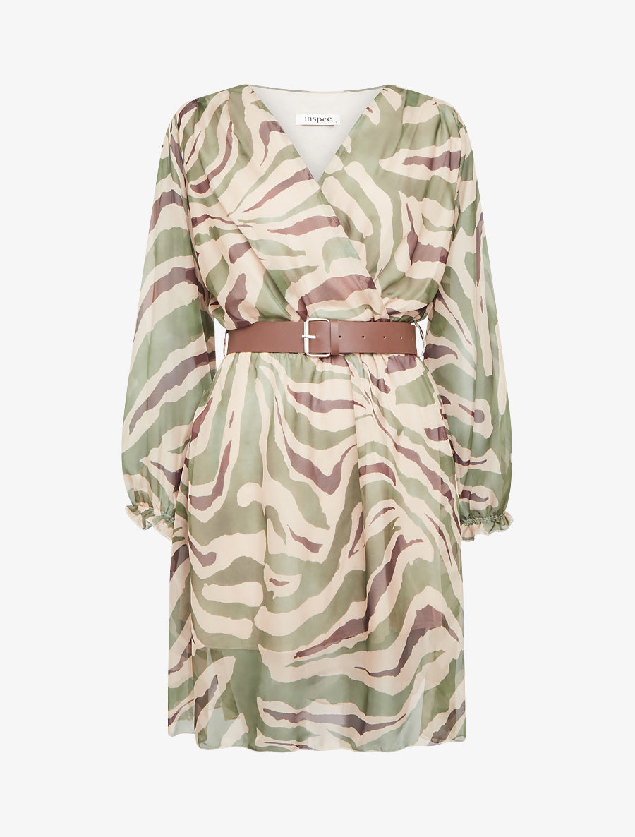 Robe col cache-coeur imprimé zèbré - Kaki - 1