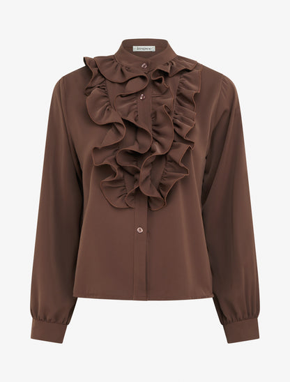 Blouse unie à col jabot - Marron - 1